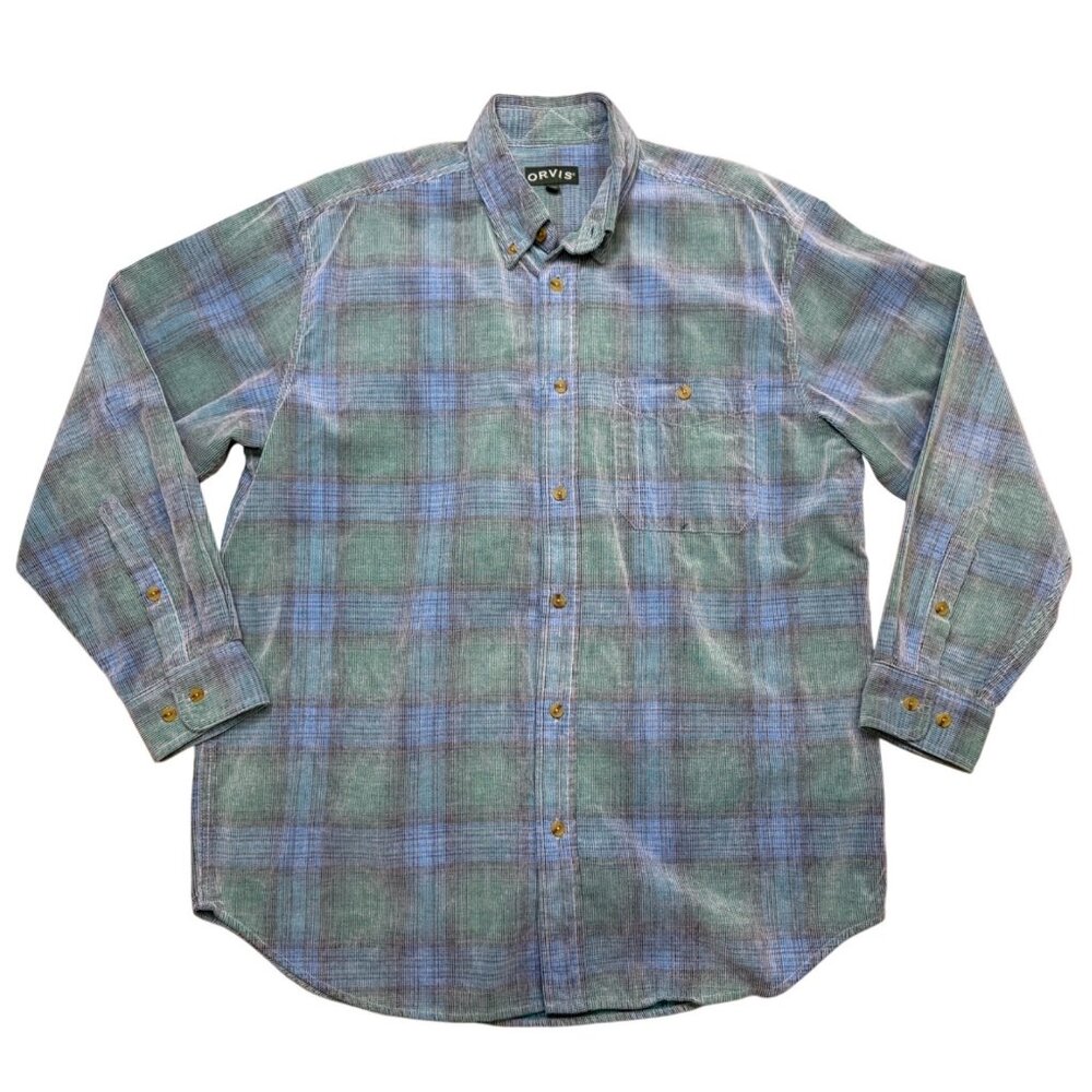 Orvis Mens Green‎ & Blue Plaid Button Up Textured Shirt Size L Cotton